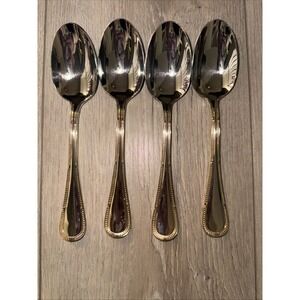 4‎ PCs Yamazaki Allegra Stainless Place Oval Soup Spoons w/Gold Accents Korea